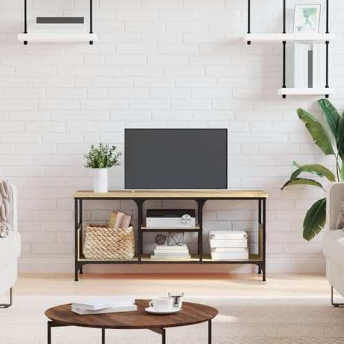 Hoopleep TV-Schrank Sonoma-Eiche 100x35x45 cm, Holzwerkstoff & Eisen, Industrial Style Medienkonsole mit Ablagen für Wohnzimmer, Stabiler Fernseher Ständer