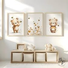 Generisch 3er Poster-Set Bär mit Biene fürs Babyzimmer A4 A3- Wandbilder Waldtiere - Wanddeko für Mädchen und Jungen - Wandkunst fürs Kinderzimmer (DIN A3)