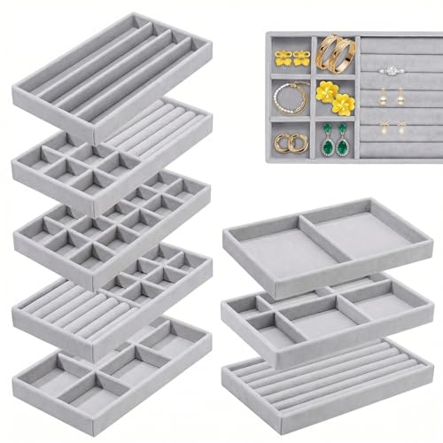 BUOSHUO Lot de 8 Plateaux Organisateur Bijoux en Velours Empilables