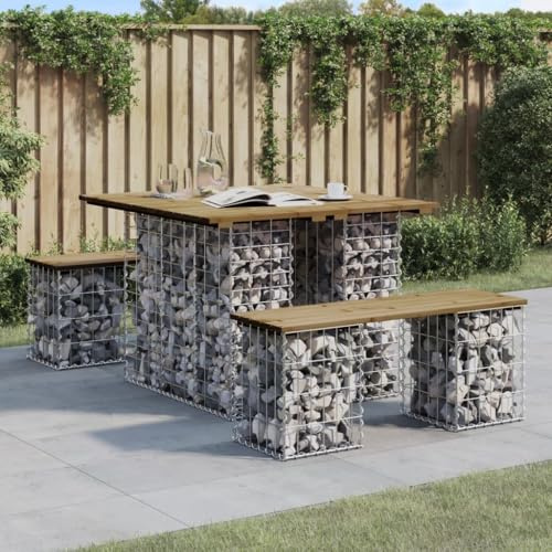 SKTQYQO Garden Table with Gabion Design 100x102x72 cm, Impregnated Pine Wood Top and Galvanized Steel Base for Outdoor Patio, Durable Furniture for Backyard and Terrace, Compact
