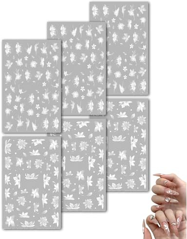 XUKZIMA Nagelsticker 6 Blatt | Weiße Eisblumen Selbstklebend Nagelaufkleber für DIY Nail Art Dekoration, Elegantes Winter Nageldesign Zubehör für Damen & Mädchen
