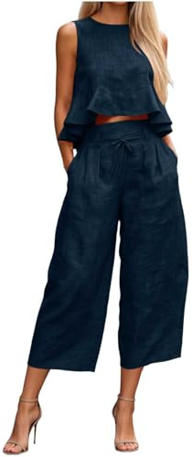 Womens 2 Piece Sets Cotton Linen Sleeveless Vest Tops and Wide Leg Capri Trousers Solid Casual Summer Outfit with Pockets Comfort Linen Co Ord Sets for Beach Holiday Going Out