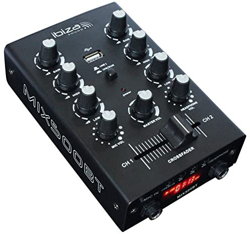 Ibiza - MIX500BT - Mezclador semiprofesional de 2 canales con entradas de línea y micrófono y salidas de auriculares, RCA y de grabación - Bluetooth y USB - Negro