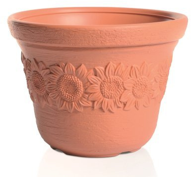 Unbekannt Pflanztopf Blumentopf Pflanzkübel Blumenkübel Kunststoff mit Sonnenblumen-Motiv, Wetterfester Pflanztopf für Garten & Balkon Suny Terrakotta 5 Größen (46)