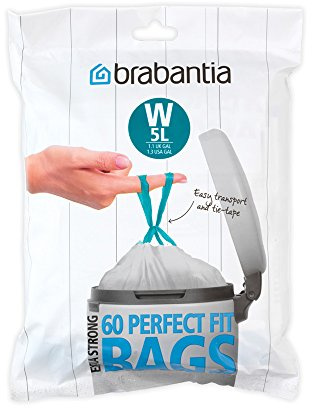 Brabantia 116827 Spenderpackung PerfectFit Müllbeutel Code W, 5 L, 60 Stück 29.5 x 34 cm, Weiß