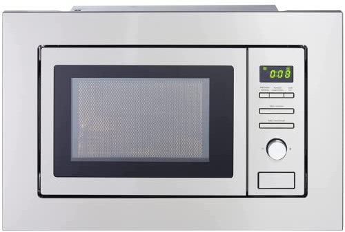 PKM Einbau-Mikrowelle MW820-EBM I 800W Mikrowellenleistung I 20L Garraum I 5 Leistungsstufen I 8 Garprogramme I Auftaufunktion I Metall-Gehäuse I Drehteller (24,5cm) I LED-Display I Silber