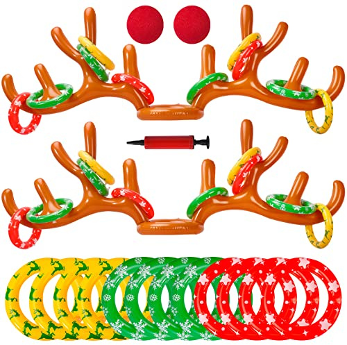 Max Fun 2Pack Inflatable Reindeer Antler Ring Toss Games Indoor Outdoor Christmas Party Games Hat for Xmas Gifts Holiday Party Supplies Favors, 2 Anlters & 12Rings