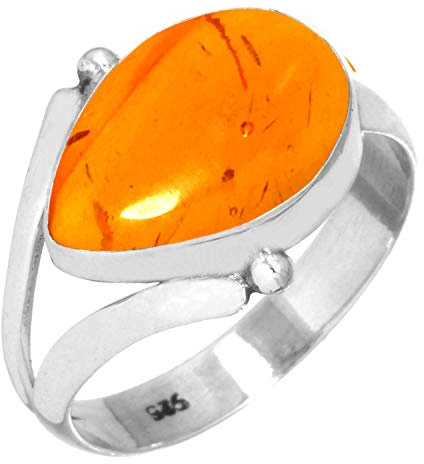 Jeweloporium Anello in argento con ambra arancione, misura 14, anello in argento sterling 925 per donna, gioielli boho con pietra a pera