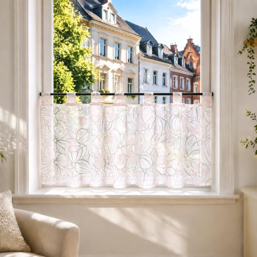 Joyswahl Scheibengardine Voile Ausbrenner Bistrogardinen Alma 45x120cm Pink | Kurzgardine mit Schlaufen,Blumen,1er Pack,Küchengardinen landhaus,Kurzstores Halbtransparent,Fenstergardinen,Gardinen