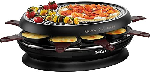 Tefal RE3200 Store'In Raclette, 1050 Watt, Raclette, Grill und Crêpe, 8 Pfännchen, Verstauen im Gerät, Antihaftbeschichtung, spülmaschinengeeignet, schwarz