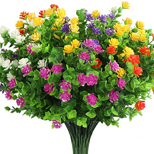 Elechood 10 Bundles Artificial Flowers, Outdoor Gypsophila Baby's Breath Fake Flowers, UV Resistant Faux Plastic Greenery Shrubs Hanging Plants for Home Wedding Garden Porch Window Box Decoration