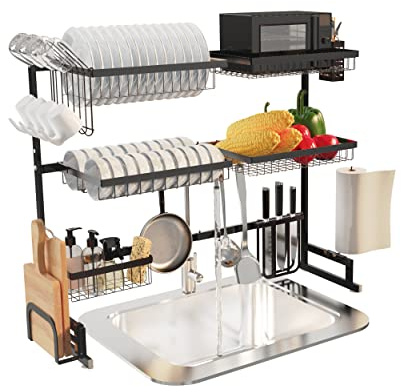 Supfirm Over The Sink Dish Drying Rack, 3 Tier Stainless Steel Adjustable (33''-40'') Large Kitchen Dish Drainers for Home Counter Storage, Above Sink Non-Slip Shelves Organizer (Black)