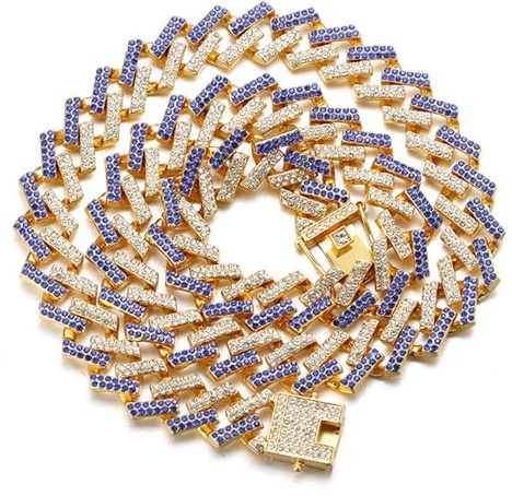 Halukakah Cuban Link Kette für Kinder Jungen Teenager – 13MM Ice-Out FUJI Blaue Diamantkette, 18K Vergoldet Halskette 40cm, Handgesetzte Labordiamanten, für 8-16 Jahre, mit Geschenkbox