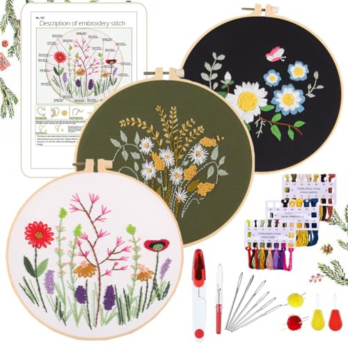 YINVA Anfänger Stickerei Set Stickerei Set, Blumenmuster Pflanzen Kreuzstich-Kit Starter Tools Kit mit 3 Stück Kunststoff-Stickrahmen, für DIY Kunst, Handwerk, Nähen