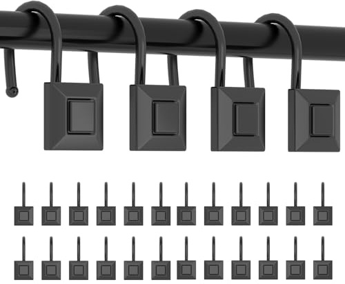 GILLAS Shower Curtain Decorative Hooks, Set of 12 Shower Curtain Rod Rings for Bathroom Rust Resistant Square, Black Heavy Duty, Tool-Free Install
