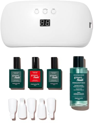 Manucurist Kit Vernis Semi Permanent Green Flash™ Rouge Poppy Red, Kit Ongle Gel UV Complet : Lampe UV Semi Permanent 24W, Base & Top Coat, Vernis, Dissolvant, Pinces de Retrait