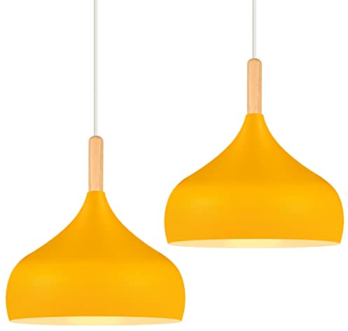 iDEGU Hängelampe Retro 24cm Hängeleuchte Moderne Skandinavisch E27 Deckenleuchte aus Metall Holz Pendelleuchte für Schlafzimmer Esszimmer Küche Wohnzimmer (Orangegelb, 2 Stücke)