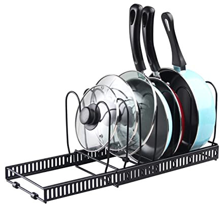 Buckingham Expandable Pots, Pans & Lids Organiser Rack, Plates, Chopping Boards Holder, 8 Adjustable Sections use in Pantry Cabinet Cupboard Worktop, Black (Pot & Pan Rack - 8 Dividers)