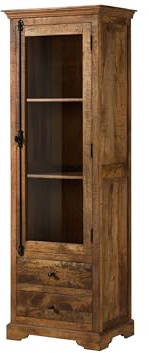 MASSIVMOEBEL24.DE | Rodez Vitrine aus Massivholz #151 aus Mangoholz - Dunkelbraun, geölt 65 x 45 x 190 cm 1 Glastüren, 2 Schubladen & 3 Fächer massiver Hochschrank