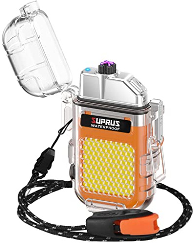 SUPRUS Encendedor resistente al viento, impermeable, doble arco, de plasma, eléctrico, recargable, con silbato de emergencia de supervivencia y cordón para camping, color naranja