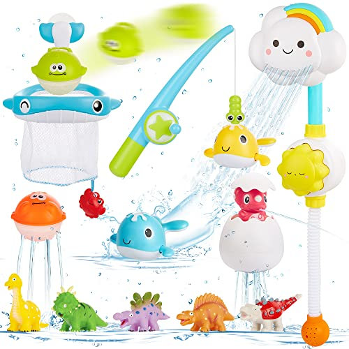 Badewannenspielzeug ab 3 Jahre mit Aufbewahrungstasche, CRIOLPO Badespielzeug Badewannen Spielzeug Wasserspielzeug Kinder mit Dusche, Wind-up No-Mold Dinosaurier Angelspiel, Geschenk Mädchen Junge