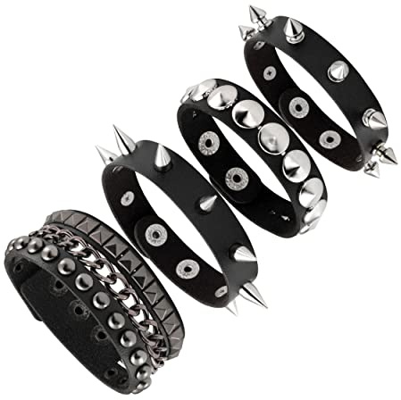 Manfnne 4Pz Nero Punk Rock Set di Bracciali con Rivetti Borchie Uomo Donna Gotico Retro vintage Pelle PU Lega Regolabile Accessorio hip hop