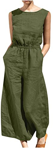 Linen Jumpsuit for Women UK Sale Elegant Sleeveless Pockets Romper Wide Leg Dungarees Overalls Straight Pants Trousers Jumpsuits Ethnic Boho Summer Loose Casual Playsuit for Party Wedding Beach