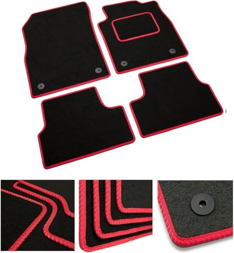 DB Bespoke - Tailored Car Mats - Compatible with Vauxhall Corsa D 2007-2013 - Black Carpet - Non-Slip Carpet Mat - 4 Piece Floor Mats with 4 Clips - Red Trim