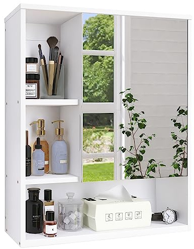 SMIBUY Bathroom Mirror Cabinet Wall Mounted, Bamboo Space Saver Medicine Cabinet, Wall Hanging Over Toilet Storage Cabinet with Mirror Door and Adjustable Shelf (White)