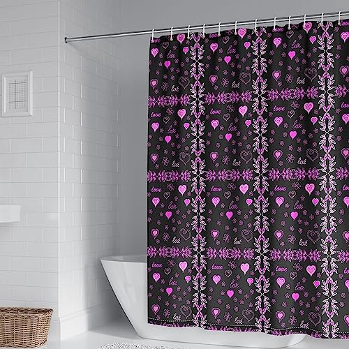 Banemi Duschvorhang 180X180, Duschvorhang Motiv Pink Schwarz Polyester Herz Blumenmuster Duschvorhang für Männer