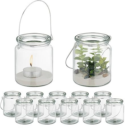 Relaxdays Windlicht Glas, 12er Set, Teelichthalter mit Henkel, HxD: 9,5 x 8 cm, runde Kerzengläser, transparent/Silber