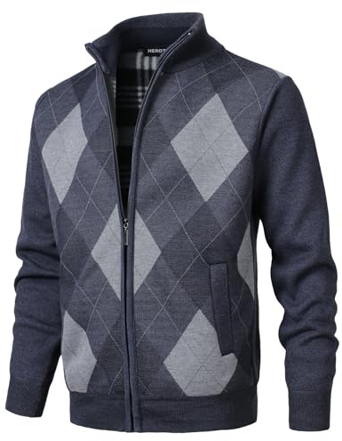 Herothorn Argyle kofta kofta ståkrage finstickad tröja fleece fodrad långärmad stickad tröja stickad vintertröja fleecejacka, svart, XXL