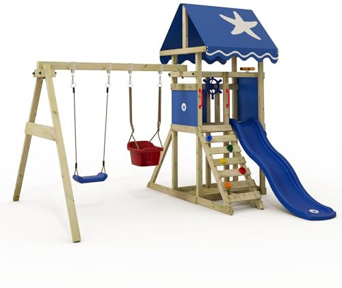 Wickey Spielturm Klettergerüst DinkyStar, Schaukel & Blauer Rutsche, Outdoor Kleinkinder Kletterturm mit Sandkasten, Leiter & Spiel-Zubehör für den Garten