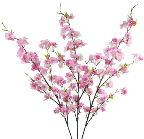 CISDUEO Lot de 3 Fleurs de Cerisier artificielles en Soie avec Feuilles - Branches de Cerisier - Arrangements de Vase pour Mariage, intérieur et extérieur - Décoration de fête - Rose