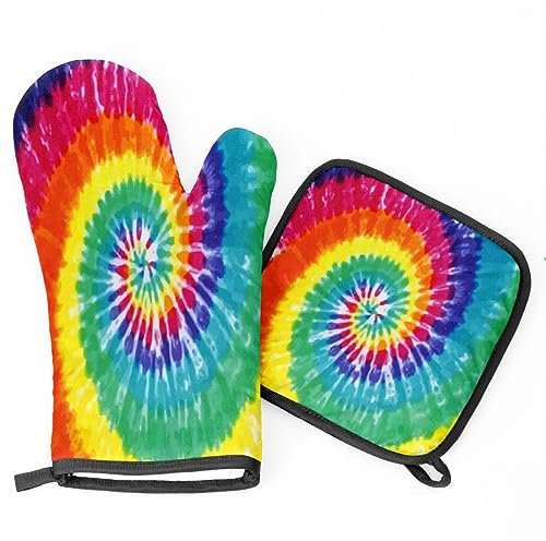 Topflappen Und Topflappen Set Von 2 Tie Dye Regenbogen Grillhandschuhe Mit Innere Baumwollschicht Topfhandschuhe Hitzebeständige Kochhandschuhe, Für Grillen, Cafe