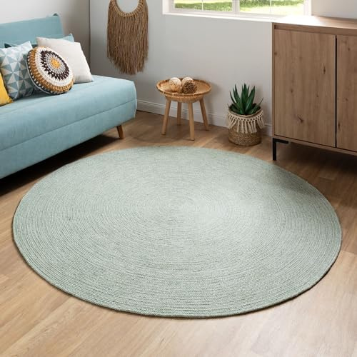Steffensmeier Handweb Teppich Bali | 100% Baumwolle, Grün meliert, handgefertigt, Größe: Ø 200 cm | Flur, Eingangsbereich, Wohnzimmer
