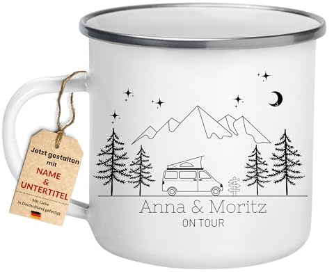Little Mathilda Emaille Tasse Camping personalisiert mit Namen Campervan Camper Geschenke Wohnmobil Zubehör Camping Geschirr BPA FREI Camping Tassen (Campingvan weiß)