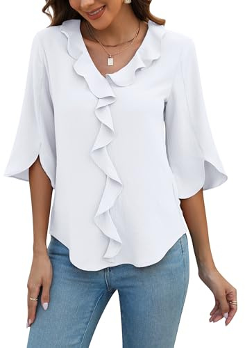 Blooming Jelly Womens Dressy Casual Blouses 3/4 Length Sleeve V Neck Ruffle Tops Business Ladies Summer 2026 Trendy Fashion Work Shirt (X-Large, White)