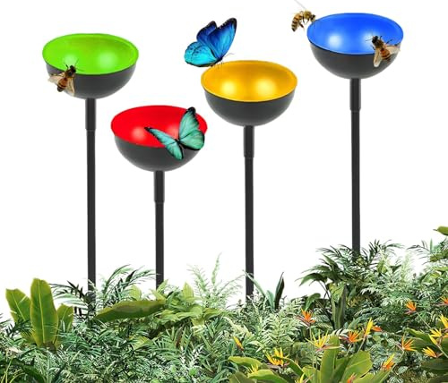 Bee Watering Stations, 4 Metal Bee Butterflyy Cups with Stakes, Bee Drinking Station for Thirsty Pollinators, for Bird Butterflyy, Colorful Metal Garden Sculpture Stakes Decor