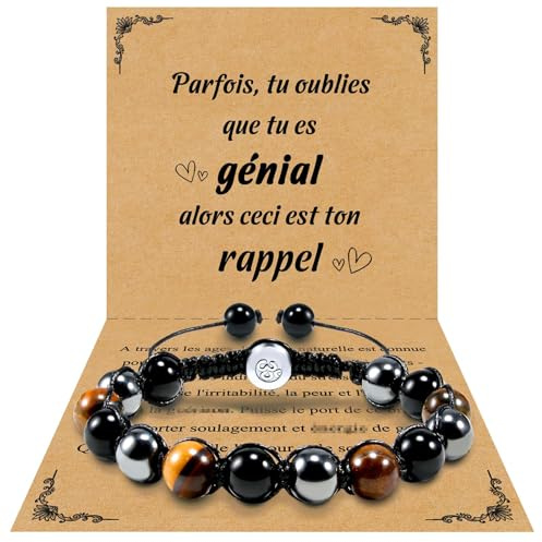 VGWON Bracelet Homme Triple Protection 10 mm Noir Bleu Hématite Pierre Naturelle Perle Bracelet Oeil de Tigre Cadeau Homme