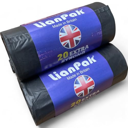 Lianpak 40 Bags 120L Heavy Duty Extra Strong Bin Liners, Tie Top Large Refuse Sacks, 40 Microns, Recycled, Tear Resistant, 2 Rolls, Kitchen, Household, Commercial Use, Black