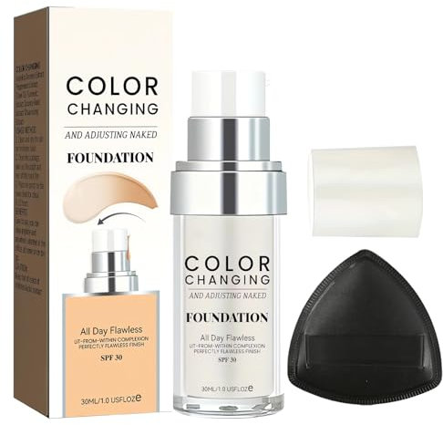 Foundation Color Changing,Farbwechselnde Foundation für Reife Haut,Farbwechselnde Flüssig Foundation,Wird Verwendet,um Falten und Feine Linien Zu Kaschieren,mit 1 Puderquaste(1pcs,30ml)