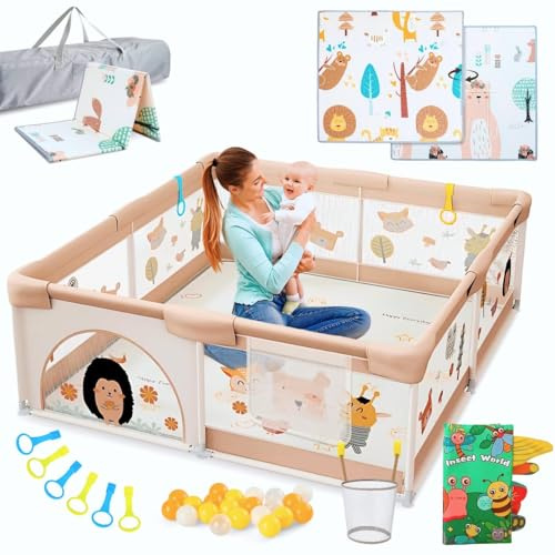 BELLEBEBE - Parque Infantil Bebe - 150x180cm - Corralito bebe con Alfombra Acolchada Plegable + 50 Bolas + Canasta de Juego + Libro Bebe Sensorial de Tela y 6 Agarraderas - Diseño animales del bosque