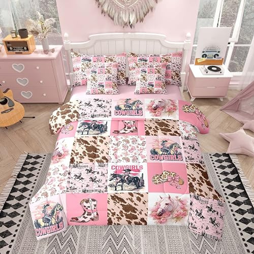 Feelyou Pink Cowgirl Comforter Set 7 Pieces Twin Size Kids, Western Cow Fur Print Bedding Set Boys Girls, Farm Horse Stitched Western Bed in a Bag,Comforter + Sheets + Pillowcases + Cushion Covers