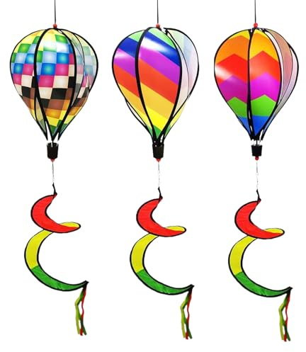 3 Stück Heißluftballon-Windspiel | Balkondekoration Wetterfest | Regenbogen-Ballon-Windsack | rotierende Pailletten Twister Ballon-Garten-Windmühlen für Draußen Innen, Windrad Windmühle Garten