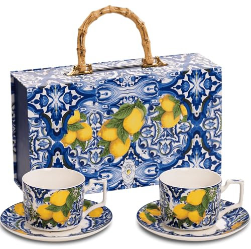 DIVINA Italian Design Set Tazze Cappuccino con Piattini, Ceramica Blu, 220 ml, 2 Pezzi - SF181