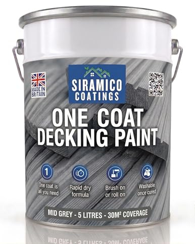 SIRAMICO COATINGS One Coat Anti-Slip Decking Paint | 5 Litres | 7 Luxury Colours I Mould & UV Resistant Formula | White - Grey - Sage Green - Black - Brick Red (Mid Grey)