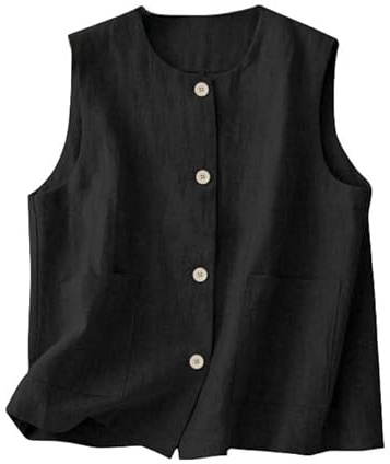 YONGHONGKEJI Chaleco De Traje para Mujer,Chaleco De Lino Y Algodón para Mujer Cuello En V Botones Sin Mangas Chaqueta Ligera De Verano Blazer Informal Holgado con Bolsillos Cárdigan Chaleco Negro