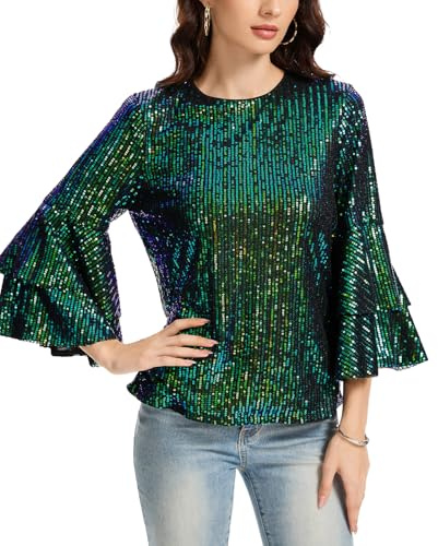 Kyzoeyou Damen Pailletten Oberteil Glitzer Tops Langarm Rundhals T-Shirt Bluse Cap Ärmel Freizeit Tunika Party Festival