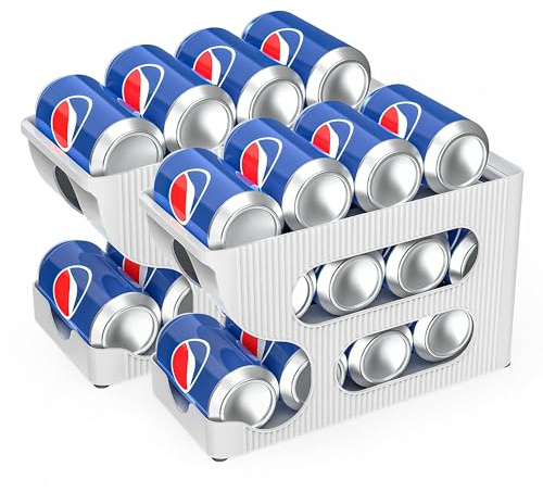 Urincros 2 Pack Fridge Can Dispenser, Can Organiser, Sturdy White Rolling Plastic Cans Storage, Drinks Dispenser for Fridge, Kitchen, Cupboard, Soda Can Holder, Hold 24 Cans(Only for 330-355ml)